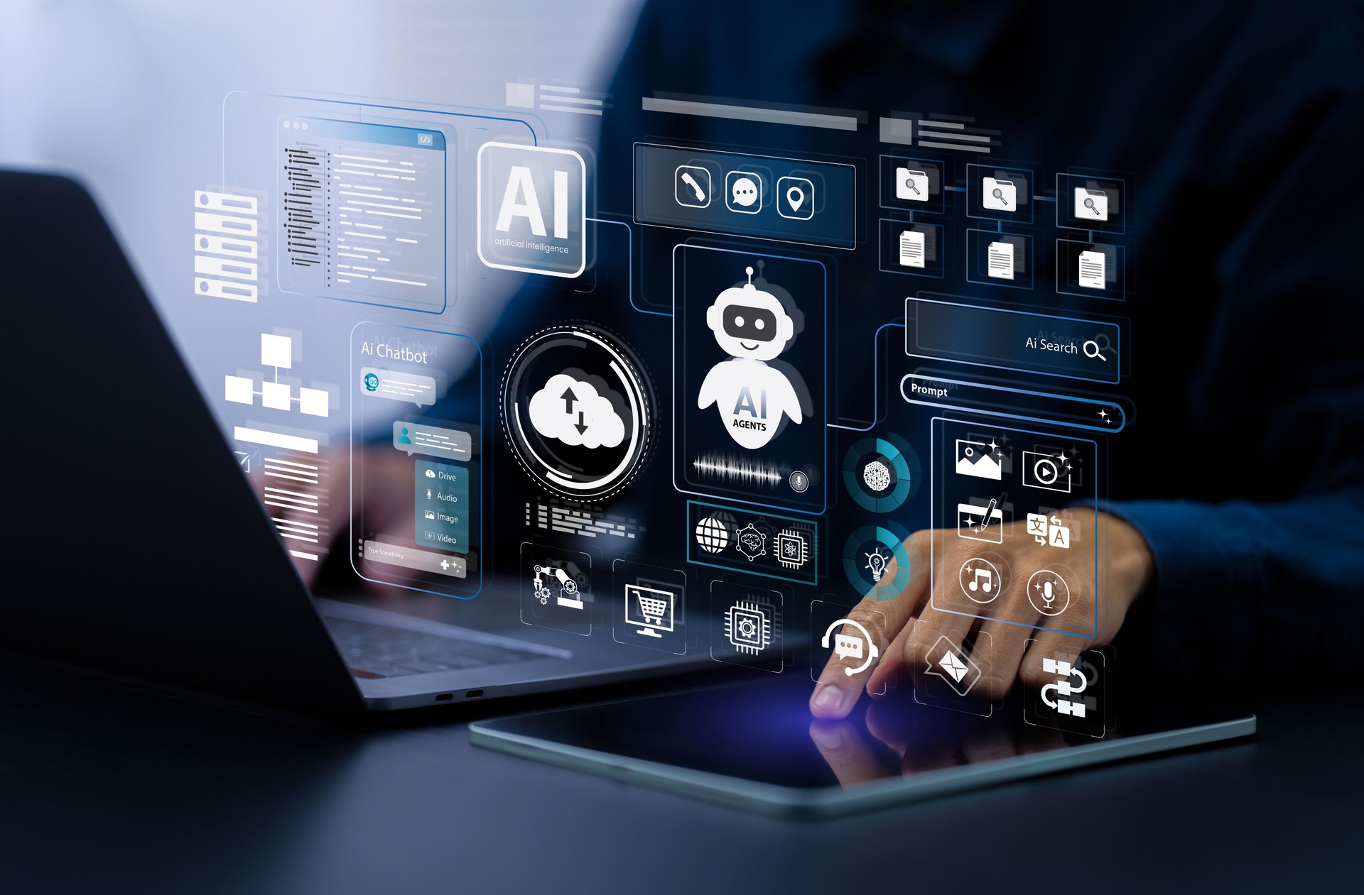 AI agent and generative artificial intelligence concept. Businessman using AI agents on screen, including chatbots, AI assistants, and data analytics tools on a laptop. LLM, Ai agentic workflows.