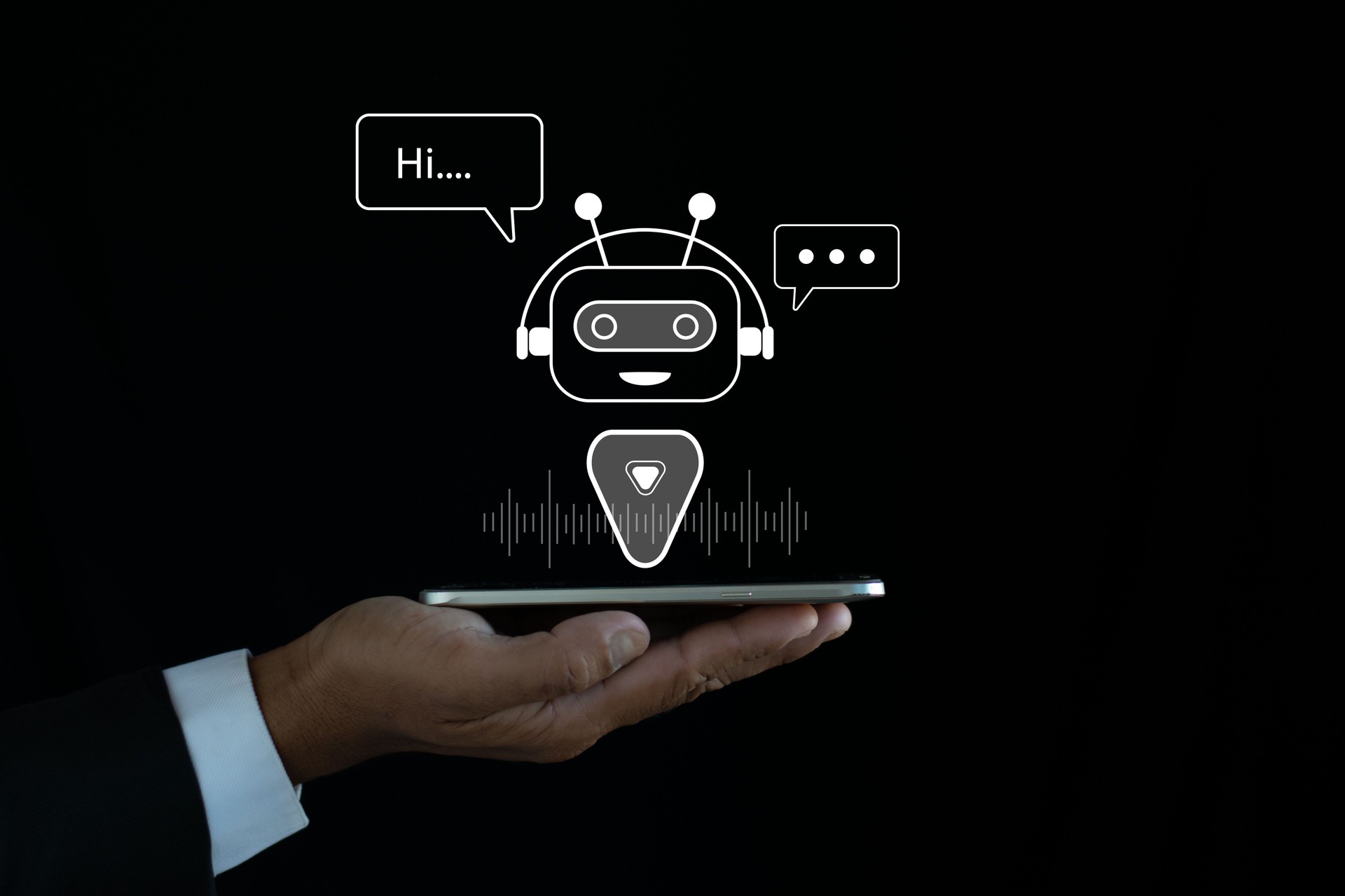 Business people connect and talk with AI. Artificial intelligence. Using commands to create something that will change the technology of the future.